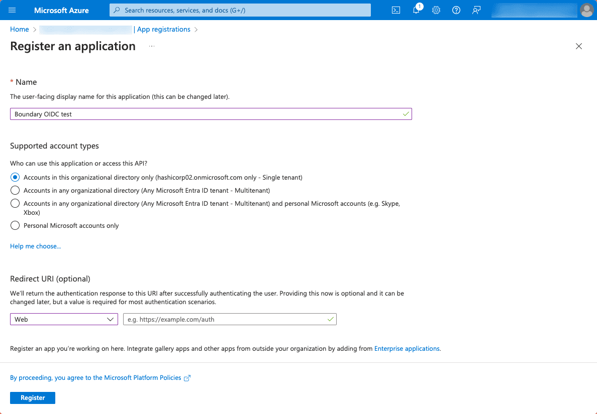 Azure Register Application