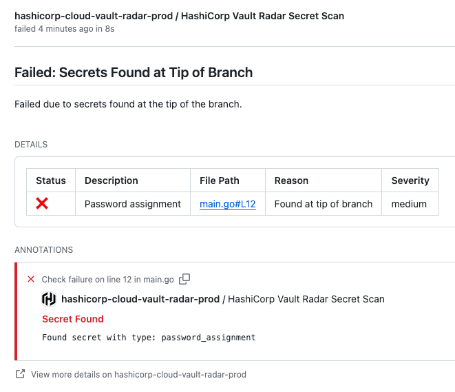 HCP Vault Radar GitHub app pull request scan details showing file path and
line number